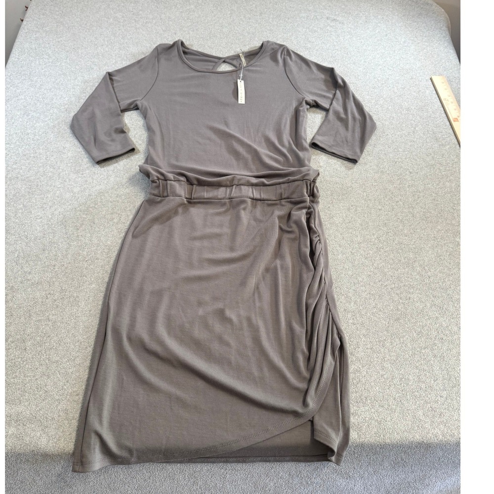 Nine1Eight Womens Medium Taupe Ruched Midi Dress Long Sleeve Bodycon Stretch NWT